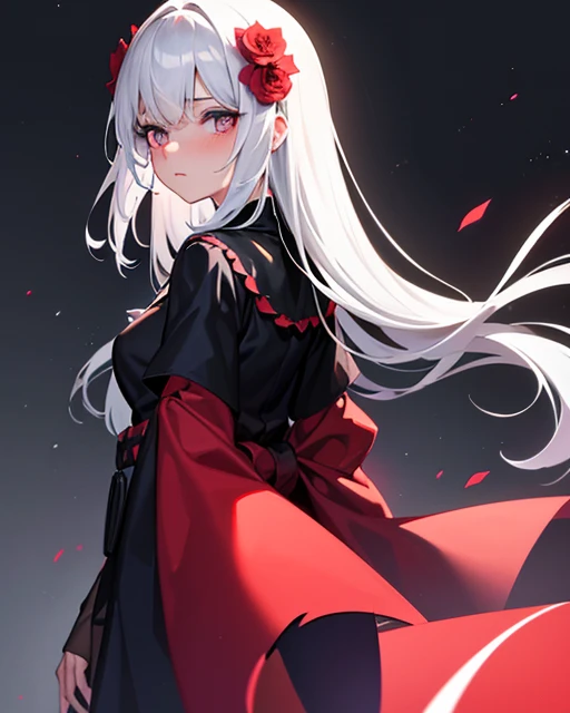 1 girl,standing alone,1 girl,standing alone,((beautiful detailed eyes)), (detailed light),Depth of field,(White hair),silver eyes,hair over one eye,(FLOWER RED ), hair flower,long hair,black robe,humida,Emotionless,looking back,natta,looks stellar,raining,fog,FLOWER REDs falling,outline,trunk,sombras intensas,blush, looking ahead at viewer