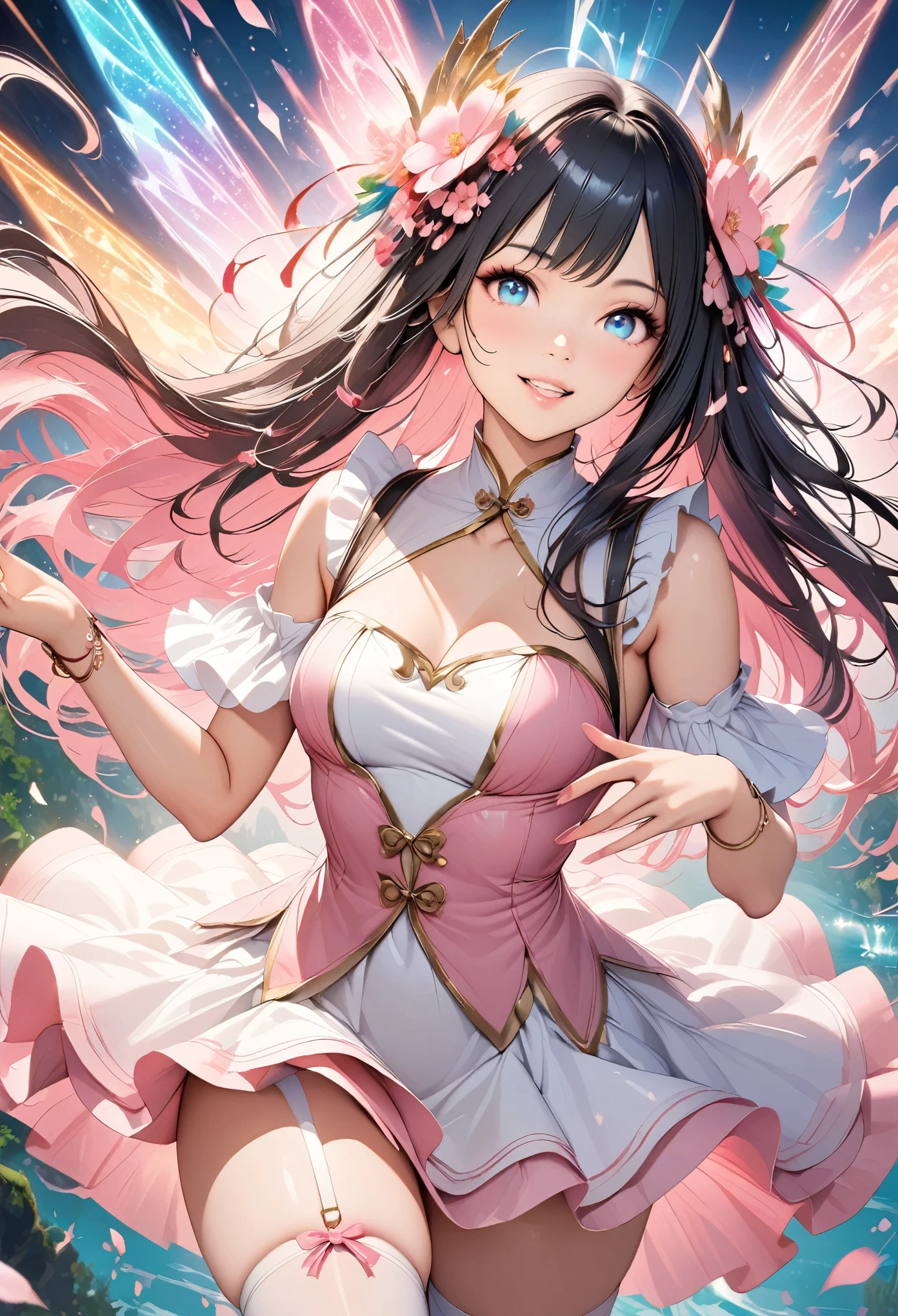 1 anime girl, Asian woman, soft pink dress, micro skirt, white thigh high stockings, dancing, magic sparkles, bright blue eyes, glowing eyes, black hair, long hair, pink flowers in hair, smile, pink blossoms, detailed face, smooth soft skin, ultra-realistic, soft hairs, looking into the camera, starburst magic from hand, casting a spell
