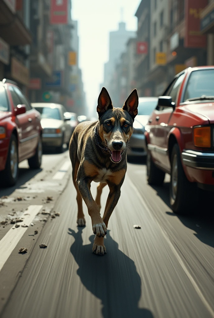 a drawing of a dog running between cars on the street 
