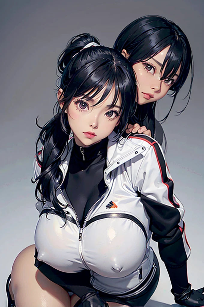 Eve, stellar blade, 8k,highres, 1girl, front lighting, simple background, gray background, looking at the viewer, jacket, bodysuit, black hair and dark black hair, fringe, hair tied in ponytail style, video game, heels, ps5, gloves, ass, boobs, honey colored eyes, white skin,
