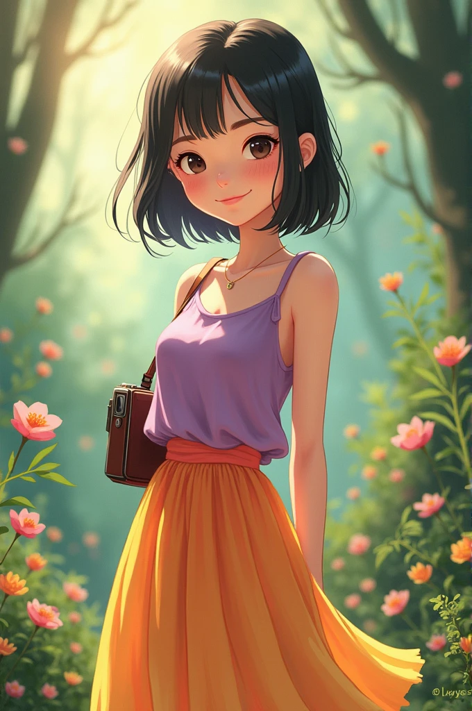 Create an anthropomorphized character representing Instagram as a cute, stylish adult woman in a Studio Ghibli-inspired art style. She should have a warm and friendly appearance, with large expressive eyes and a gentle smile. Her outfit should incorporate the Instagram logo colors—purple, pink, orange, and yellow—into a flowing dress or skirt that feels natural and whimsical, with soft textures and earthy tones. Her hairstyle should be simple yet elegant, fitting the Ghibli aesthetic. The background should resemble a peaceful, nature-inspired setting, with subtle references to photography and social media, like a vintage camera or soft light filters, blending seamlessly into the scene."