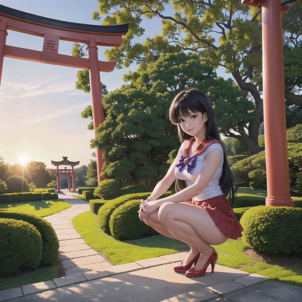 (8k, RAW photo, best quality, masterpiece:1.2), (ultra highres:1.0), detailed illustration, detailed, (realistic, photo-realistic:1.37), detailed beautiful skin, 
sailor mars 
(1 girl: 1.2),(full body:1.2),(hand of Guido Daniele:1.2), long hair, looking at viewer, smile, large breasts, cleavage, open clothes, purple eyes, black hair, cowboy shot, pleated skirt, (open clothes),, two-tone hair, sailor senshi uniform,red high heels
standing in garden, japan temple, torii, plants, outdoors, sunset, film grain, professional lighting , Squat