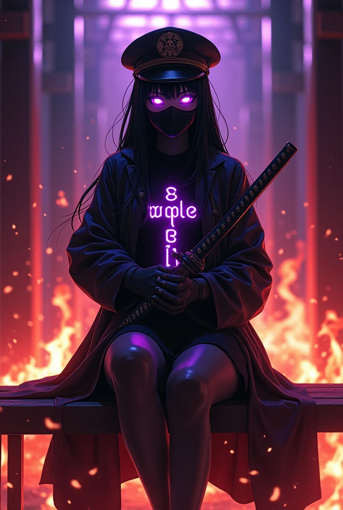 Anime girl wearing a long black jacket, wearing a war general's hat, sitting on a bench holding a fiery katana, on her clothes the words "Evil-Eye" glowing purple, wearing a mask, the atmosphere in the Japanese castle is on fire, full of aura