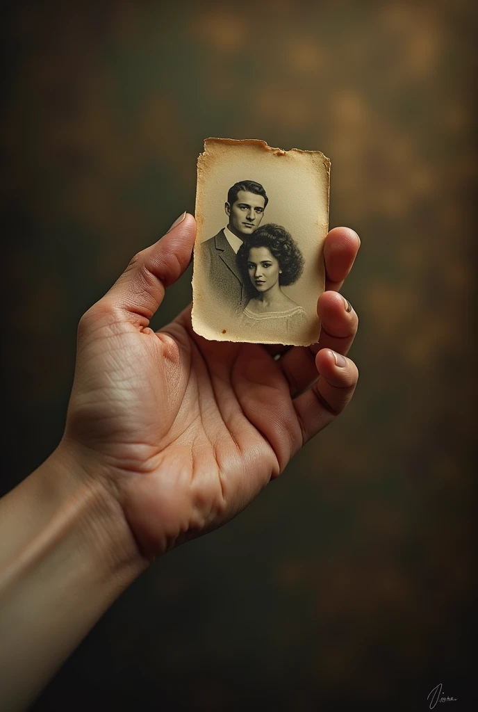 Image of a hand holding an old photograph:
- Image: A hand, with visible details such as veins, holding a faded old photograph. The photograph could show a couple or a young woman., with a nostalgic look.
- Color: Dominant sepia and brown tones, with a light touch of yellow to give a warm effect.
- Contrast: The details of the old photograph should stand out in contrast to the hand, creating a sense of depth.