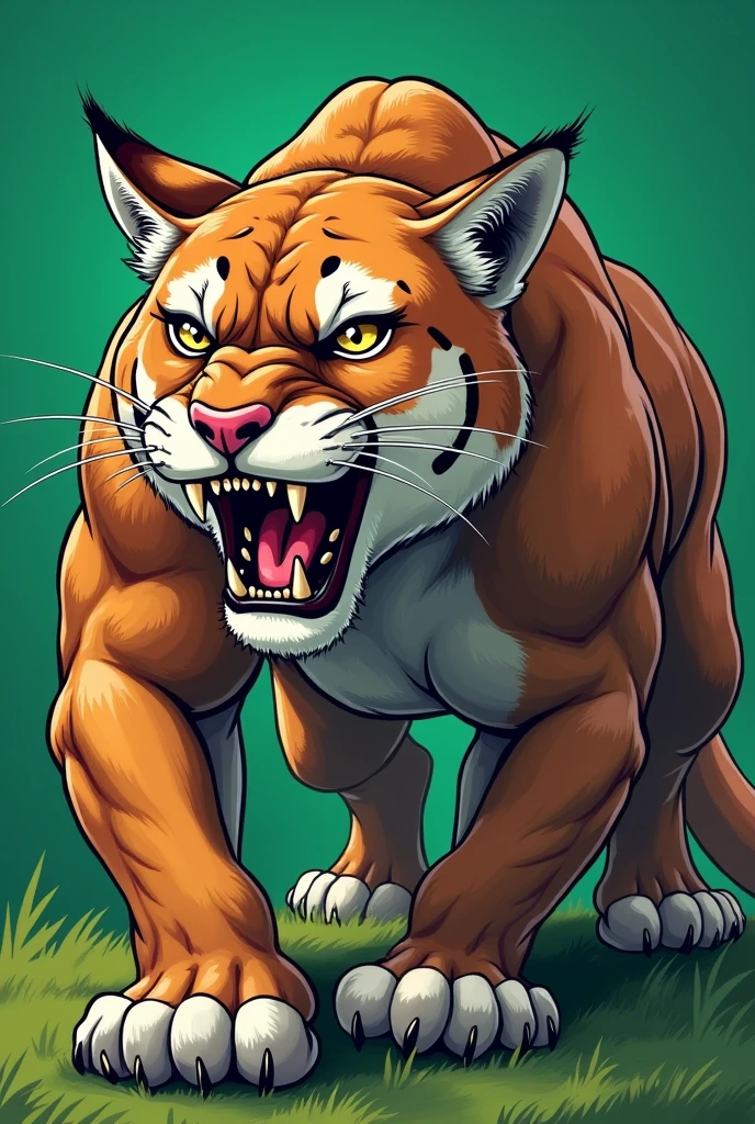 Muscular angry and angry cougar drawing wearing for college athletics with green background