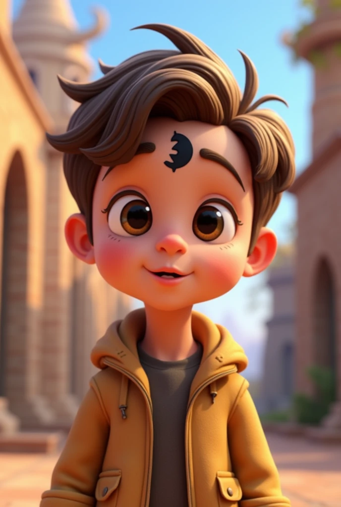 Animated cartoon man with brown hair having light blonde highlights, has a black sign in the shape of a sun and moon fused together on his forehead