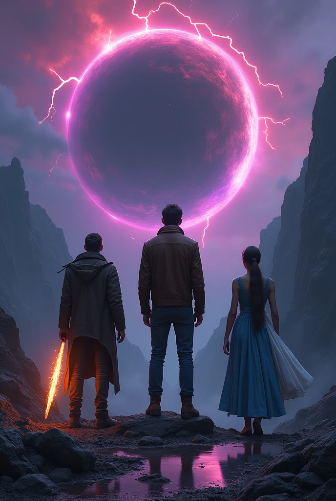 Une boule noire et violette tournoyante dans le ciel, avec un éclair rouge qui en sort. 
Ils y a trois personnes : deux hommes de dos et une femme de dos aussi.
Le plus grand de deux est au centre, avec une veste en cuire usée couleur marron. Il a le pied sur un rocher.
L'autre homme est à sa gauche est un peu moins grand. Il a les cheveux longs attachés et une longue veste qui prend feu, une épée en feu à la main. La fille a droite a une long robe bleue avec un tissu blanc sur l'épaule. Elle marche dans une flaque d'eau. 
Un seul éclair est rouge et immense en face d'eux.
Il n'y a pas de planète qui volent. Ils se trouvent dans le creux d'une montagne, sombre.