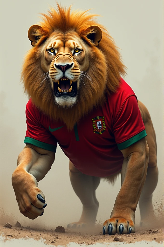 Lion with the Portuguese shirt, very strong and vengeful