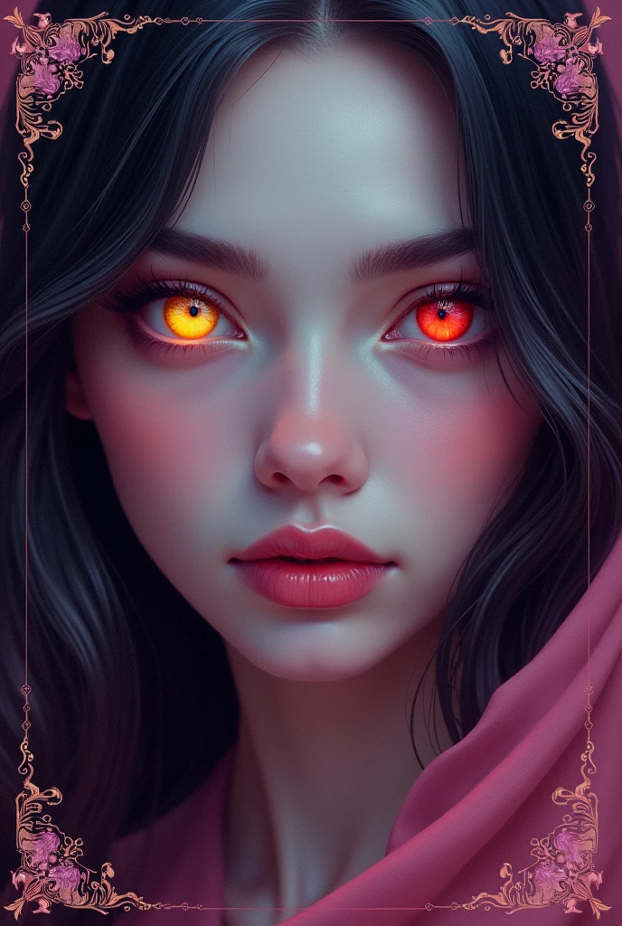 Book cover with woman with unique colors in her eyes (lila, yellow,red)