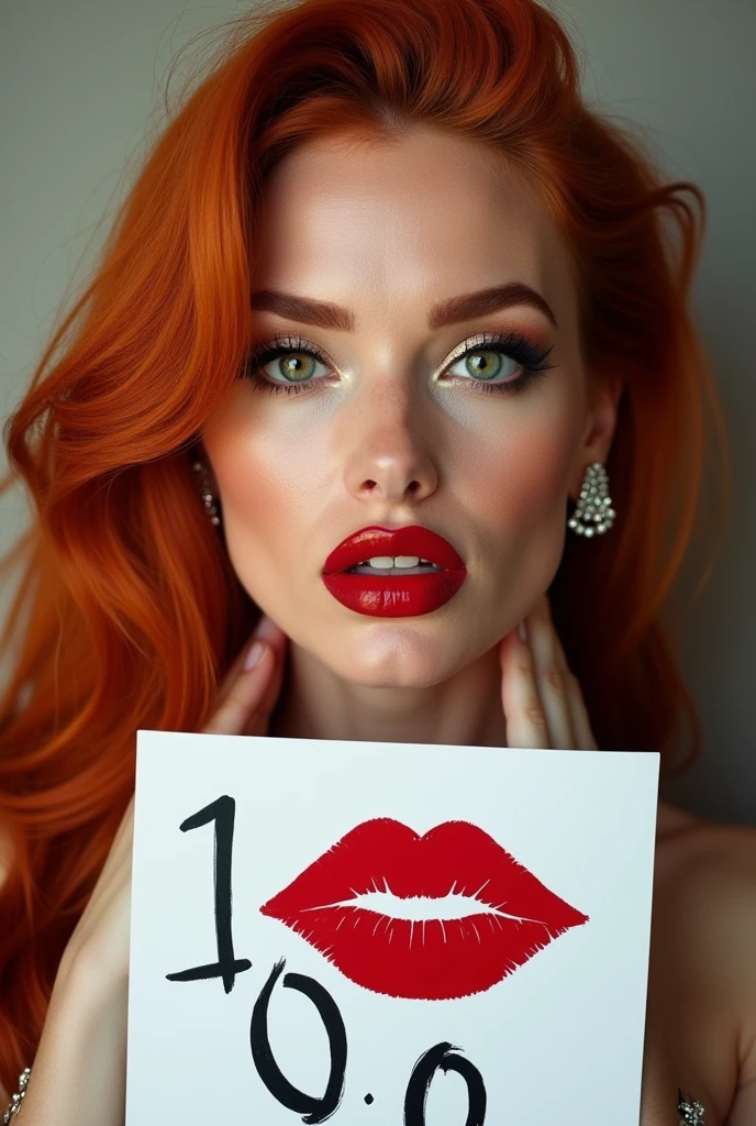 close-up, extreme close-up, close-up portrait, portrait, close-up on her lips, ultra realistic, photography, long straight red hair, (30 years old, green eyes, hourglass figure, perfect body, natural medium breasts), firtatious look, glossy shiny red lipstick, femme fatale, she is a sex icon, she is a sex goddess, long eyelashes, cat-eye make-up, focus on her eyes, highlight her lips, she has her hands on her neck and her head slightly leans backwards, her eyes focus the camera and her lips are slightly parted, wearing diamond jewelry, holding up a white sign with a red kipstick kiss on it and the Number "1 0 0 0" written over it, madison ivy