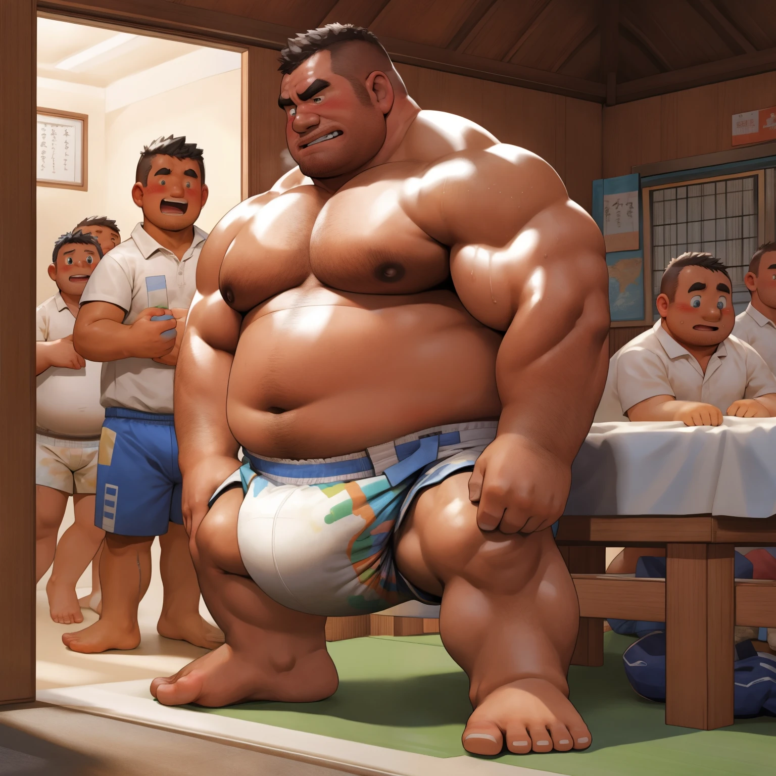 masterpiece, Top quality, in 32K, perfect anatomy, hyper detailed, super fine illustration, The thick man is a brutal retarded prisoner, hairy human, 50yo in Japan, (fatness: 1.0), Fatty muscle, Bowleg, disappointment, incontinent, shy, sissy, Weaker than children, Drool, Round face, be diaper check by children, waddle, There is a small puddle under him, incontinent, Bowleg, spread legs, wear a White cloth Diaper, Bare belly, Bare legs, Bare foots, Bare soles, Shirtless, wide forehead and short thinning hair, Man with round face with stubble, Bare foots, Bare soles, He enters  and is despised by children, He surrounded by children, His bottom is wet, Bare foots, big butt, he is scolded by the children, White Diaper, He surrounded by children, sobbing, wear a White cloth Diaper, shirtless, There is a small puddle under him, big butt, sobbing, He is forced to stand in front of children, side view