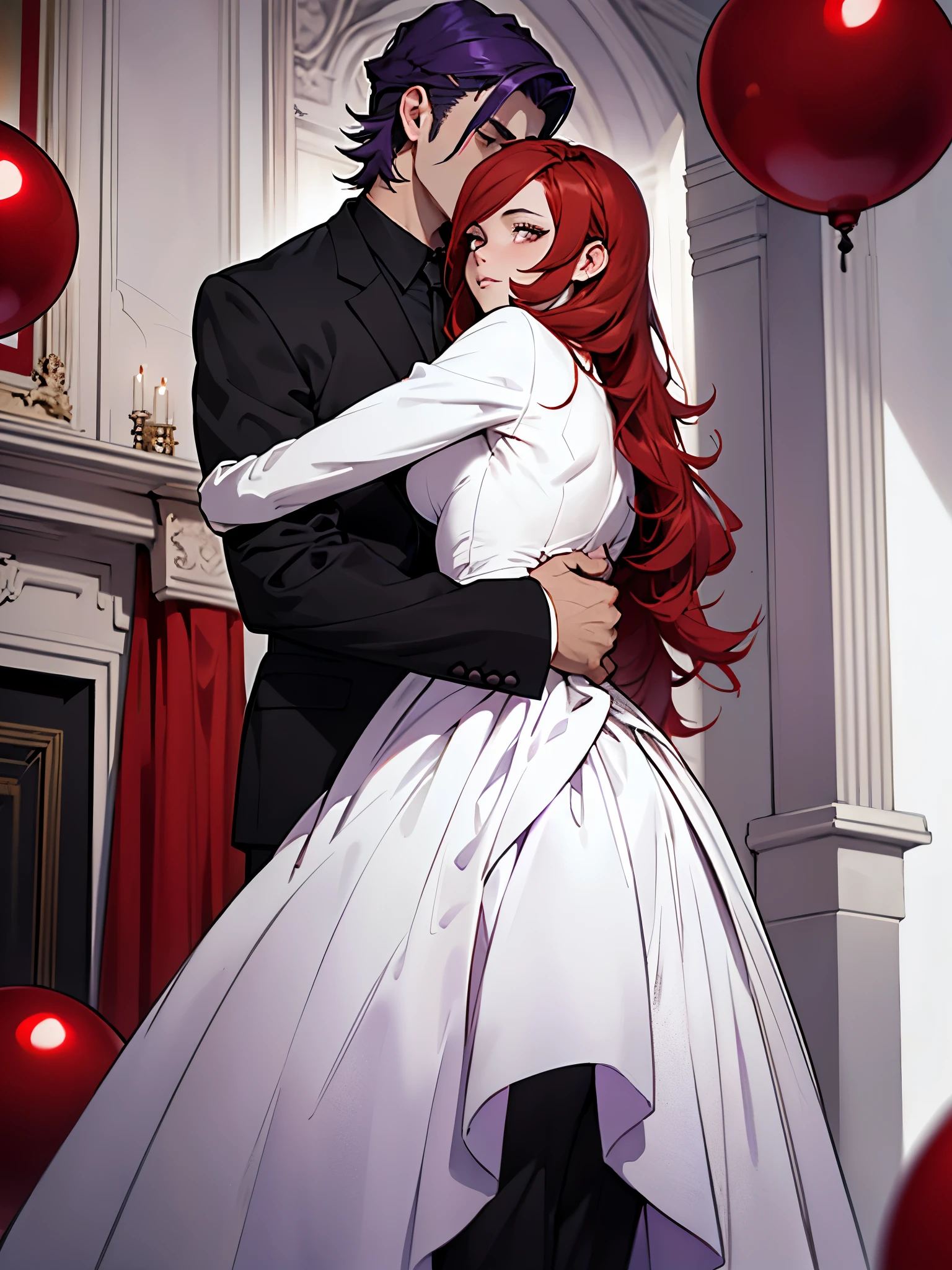 1 guy (with short red hair, in a classic black and white suit), hugs 1 girl (with long purple hair in a red ball gown, decorations,) dynamics, Love 