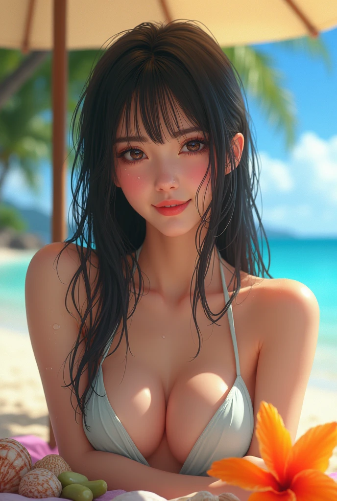 (masterpiece:1.2), (best quality:1.2), (photorealistic:1.1), 1girl, solo, (japanese:1.4), (gravure idol:1.3), (bikini:1.4), (beach:1.1), (okinawa:1.0), (clear blue water:1.1), (black hair:1.2), (straight hair:1.1), (cute smile:1.2), (looking at viewer:1.1), (beautiful:1.3), (attractive:1.2), (slender:1.1), (fair skin:1.2), (sun umbrella:0.9), (bright sunlight:1.1), (detailed skin:1.2), (water droplets:1.1), (seashells:0.8), (tropical flowers:0.8)