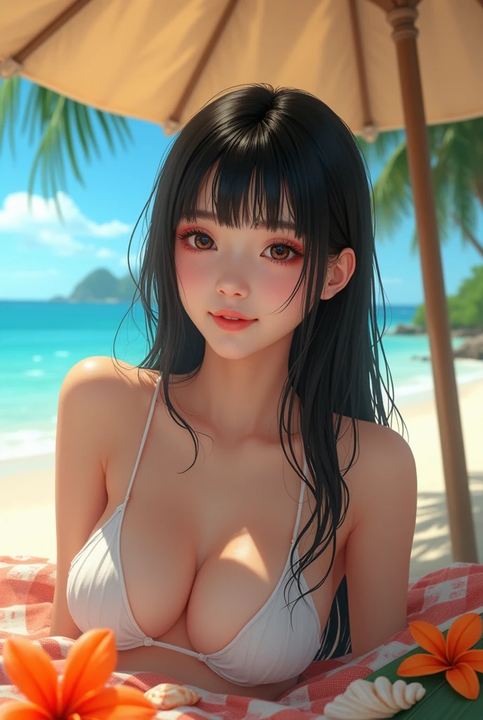 (masterpiece:1.2), (best quality:1.2), (photorealistic:1.1), 1girl, solo, (japanese:1.4), (gravure idol:1.3), (bikini:1.4), (beach:1.1), (okinawa:1.0), (clear blue water:1.1), (black hair:1.2), (straight hair:1.1), (cute smile:1.2), (looking at viewer:1.1), (beautiful:1.3), (attractive:1.2), (slender:1.1), (fair skin:1.2), (sun umbrella:0.9), (bright sunlight:1.1), (detailed skin:1.2), (water droplets:1.1), (seashells:0.8), (tropical flowers:0.8)