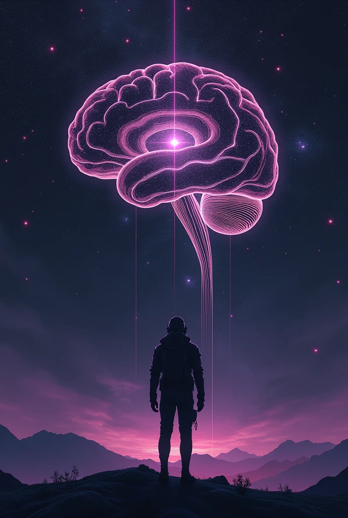 An explorer in the human brain with rays in the form of an anime drawing in black and purple colors highlighting the brain in search of an unknown path and in the background a galaxy, all of this must be in a minimalistic way. 