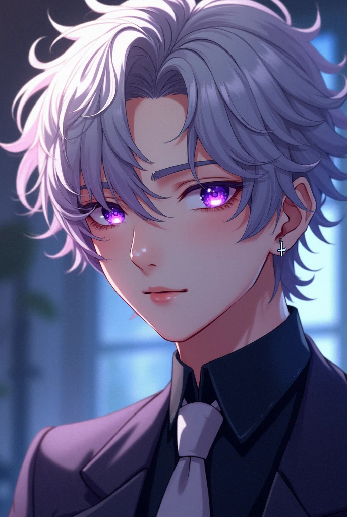 Anime, handsome youth, curly silver hair, mesmerising amethyst eyes, male idol, left ear piercing in form of a cross, noble bearing, demon ascendance