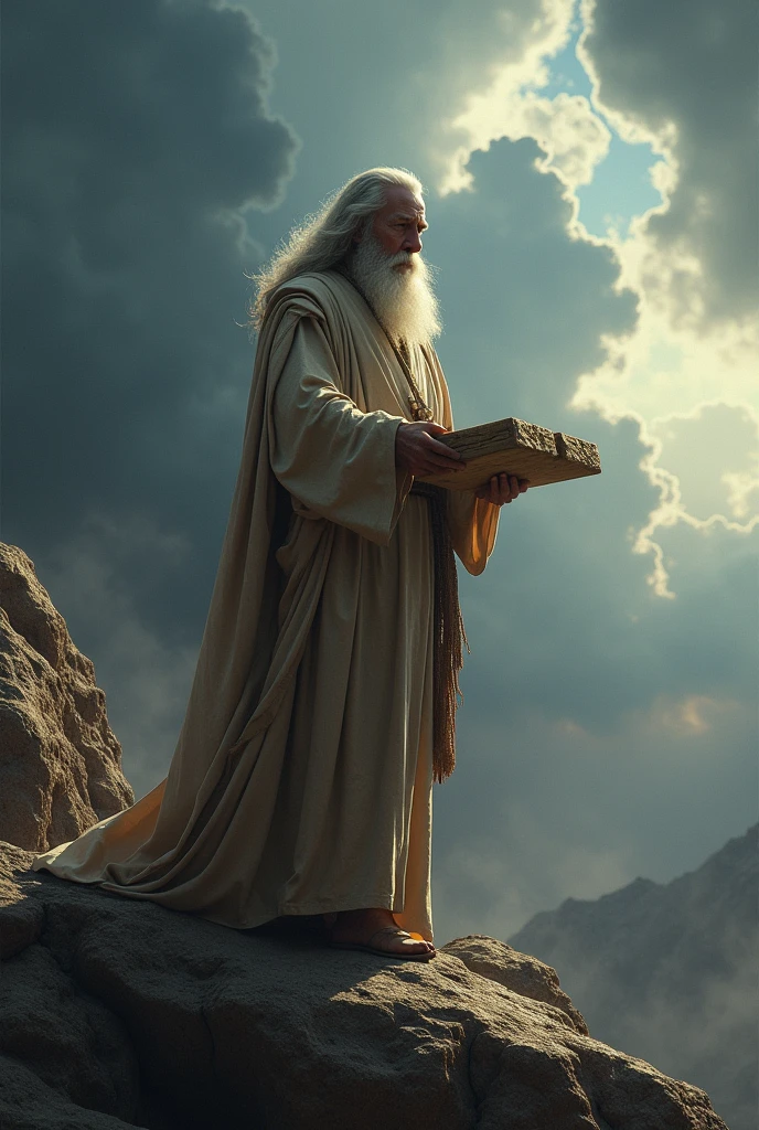 ChatGPT
You said:
Make a prompt of Moses on the Mount writing the ten commandments ChatGPT said:
ChatGPT Here is a prompt to generate an image of Moses on the Mount writing the Ten Commandments:
"A dramatic scene high on a rocky mountain, com Moses andm destaque. He is standing, with a long beard and white hair, wearing ancient robes, while holding two large stone tablets. The sky in the background is stormy, with dark clouds and lightning, suggesting a divine moment. Moses and