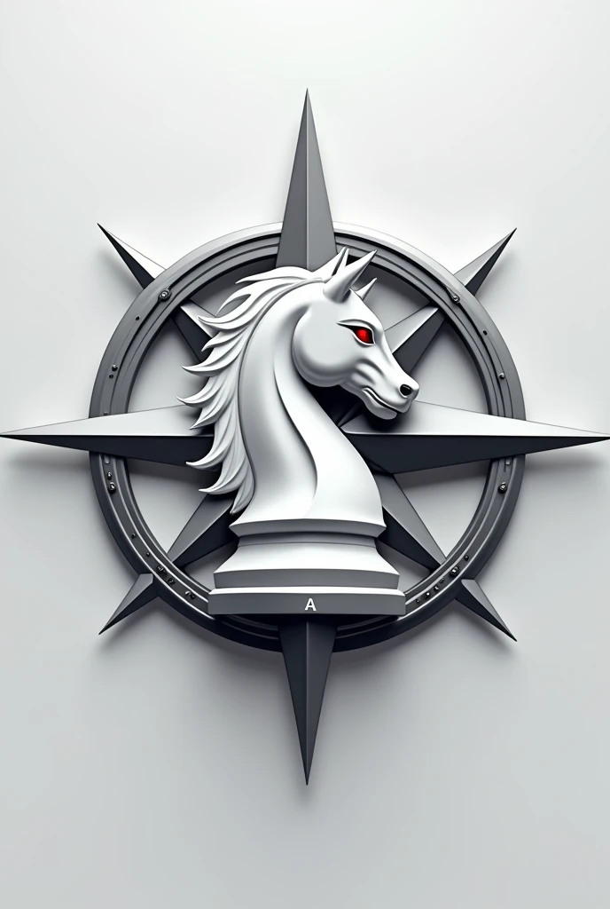 Logo en 2D pour une entreprise d'intelligence artificielle. Le design doit représenter une rose des vents, en couleur argenté, sans numération. Au centre de la rose des vents, placez une pièce d'échec : le cavalier blanc, vu de profil vers la droite. Le cavalier doit être élégant et agressif, avec une crinière mêlant des nuances de blanc et d'argenté. Ses yeux doivent être d'un rouge brillant. Le socle du cavalier doit comporter l'inscription « IA » gravée en argenté. Le logo doit inspirer confiance tout en restant luxueux et puissant. Il doit être simple, de type dessin, mais sans négliger les détails, il doit être utilisable comme fond d'écran téléphone 
