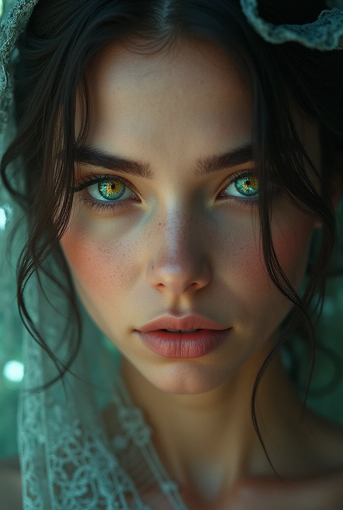 Book cover with woman with unique colors in her eyes (lila,green, yellow)

