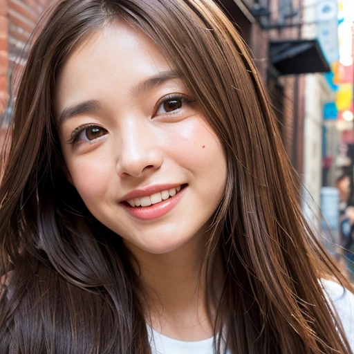 (((Face close-up)))、(((Brown straight hair)))、(((She is photographed with the backdrop of a New York alleyway))、(Natural laughter:1.25)、、1 girl、Independent、I'looking forward to it、Natural Makeup、Brown Hair Color、flat 、、Quality of actress、Shiny, Ultra-realistic faces、smile、Watery eye、look up、Subtle lighting effects、 Ultra-Realistic Capture、Very detailed、High resolution 16K human skin closeup。Skin texture must be natural、The detail must be such that the pores are clearly visible..、skin is healthy、Even Tone、Use natural light and color、worn out, High quality photos taken by modeling agencies'In-house photographer.、smile、(((Sigma 300mm F/1.4,1/1000 sec shutter,ISO400)))、The background is F-stop 1....4 is blurry