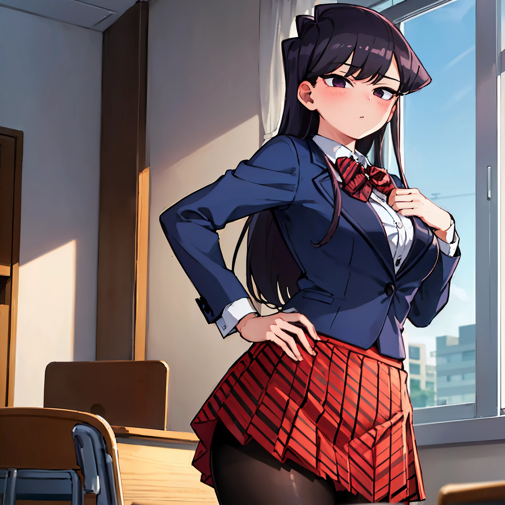 ((1girl)),((alone)),komi shouko,(masterpiece), (best quality), (ultra detailed), (best illustration), (best shadow), (absurdities), sharp focus, cowboy shot ,dynamic pose looking at viewer, big breasts, narrow waist, wide hips, medium thighs, round butt, dynamic posture, long hair, black hair, purple eyes, , black pantyhose, jacket, blue jacket, open jacket, blush, bow , bow tie, closed mouth, collared shirt, custom, cowboy shot, diagonal striped skirt, pleated skirt, red bow, red bow tie, red skirt, shirt, skirt, only, striped, striped bow, striped bow tie, striped skirt, swept bangs, white shirt , calm look, closed mouth, serious expression, (sexy pose: 1.2), ((alone)), standing: 1.3, indoor, school, classroom, desks, desk, window, dusk, looking forward , ((focus on hips), point of view (from below), red blush, perfect anatomy, perfect hands.