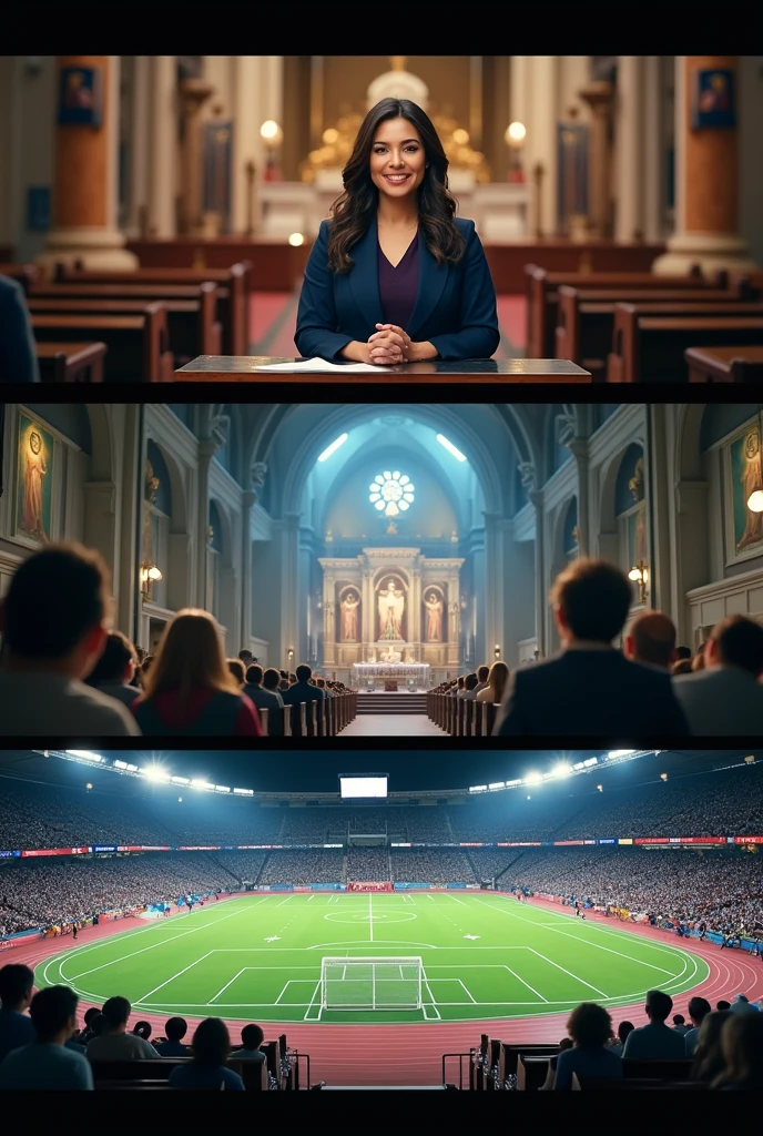 Indication : "A sequence showing a news anchor reporting, followed by live images of a religious Catholic mass and a community sporting event. The scenes are dynamic and engaging".
