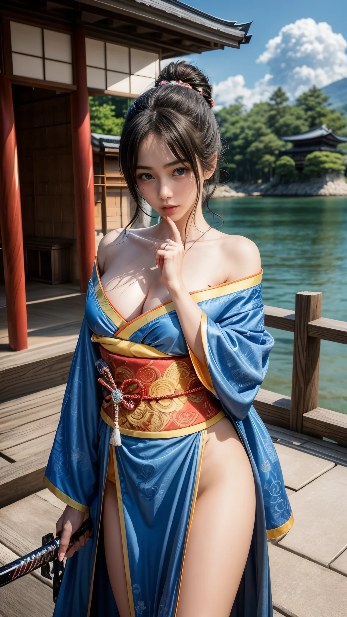 (RAW shooting:1.5, Photoreal:1.5, 8k, highest quality, masterpiece, ultra high resolution), Japan, world of magic and swords, perfect dynamic composition:1.2, Mysterious:1.3, Highly detailed skin and facial textures:1.3, cute and sexy slim female samurai, beautiful and aesthetic:1.2, cute and sexy beauty, perfect style, wear elaborate rings, Holding a Japanese sword:1.3, fire, water, wind, thunder, ice, Fair skin, very beautiful face, (Medium chest, Chest gap), (embarrassing smile, The expression on your face when you feel intense caress, Facial expression when feeling pleasure), (wear kimono sexy:1.1, off shoulder), (beautiful blue eyes, Eyes that feel beautiful eros:0.8), (Too erotic:0.9, Bewitching:0.9), full body shot, Japan castle in the background、(The perfectly correct hand:1.1), (Detailed eyes and face:1.2、Professional photography techniques), ((Tiny and slim waist:1.2))、(Slender body line)、(Perfect Anatomy:1.2)