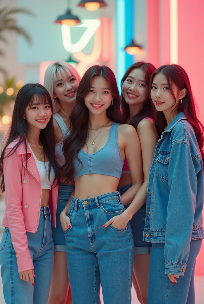 me faça um grupo de kpop com cinco garotas realisitic, korean, a blonde and another with gray hair and the others with brown hair with 2000s style clothes, in a pink room all smiling, realisitic