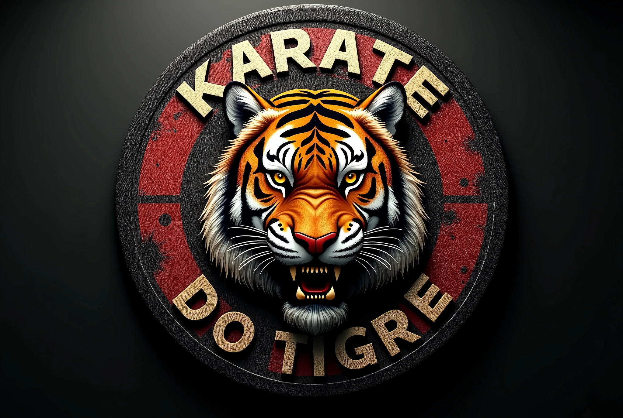 **Prompt:** A hyper-realistic karate shield featuring the face of a ferocious tiger, with piercing eyes, detailed coat and powerful expression, representing strength and agility. The tiger&#39;s face is centered on the shield. ao redor, the name "KARATE DO TIGRE" is written in robust letters and in Brazilian Portuguese, with karate font and elegant, evoking the essence of martial arts. The shield has a dark background with subtle textures, making the tiger and the text stand out brightly.