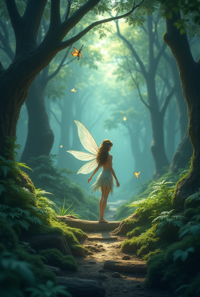 Deep within the heart of an enchanted forest, where the sunlight barely touched the ground, there lived a little fairy named Lila. (image in the form of a landscape, lying rectangles)