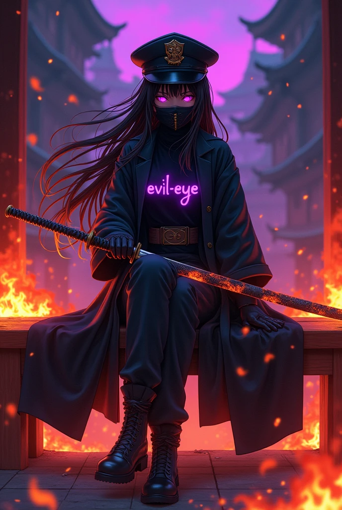 Anime girl wearing a long black jacket, wearing a war general's hat, sitting on a bench holding a fiery katana, on her clothes the words "Evil-Eye" glowing purple, wearing a mask, the atmosphere in the Japanese castle is on fire, full of aura