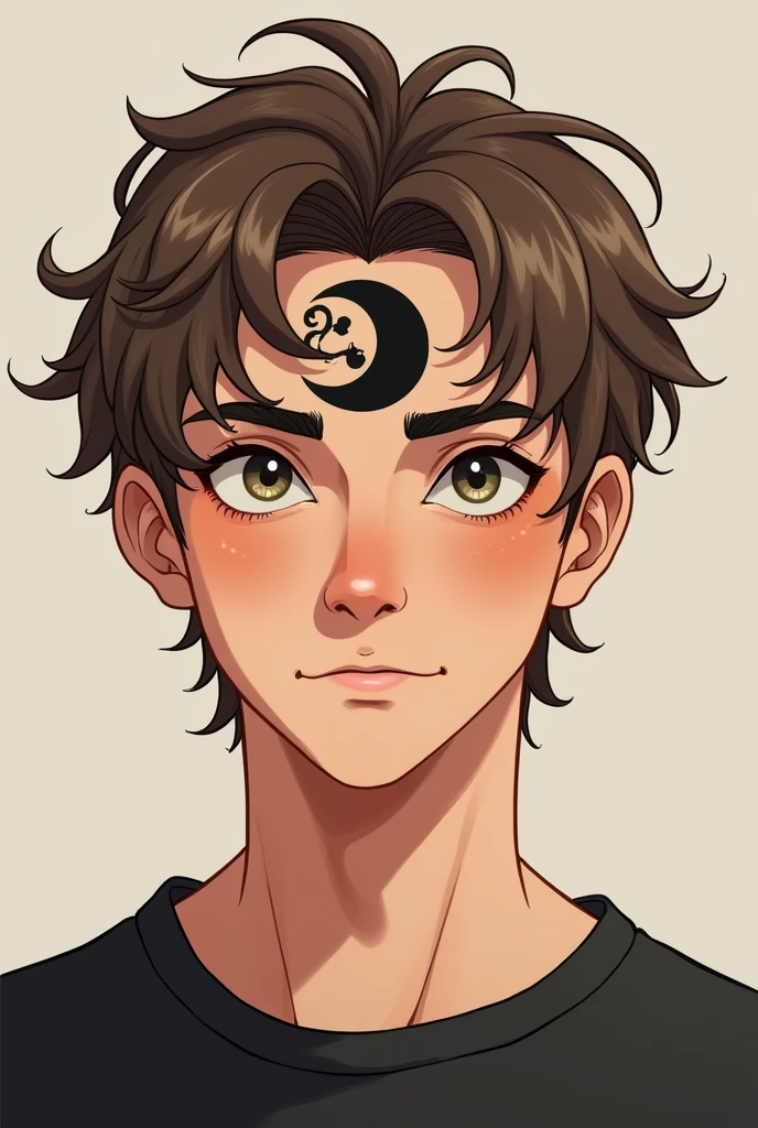 20 year old man drawn and animated with brown hair having light blonde highlights, has a dark black sign in the shape of a sun and moon fused together on his forehead