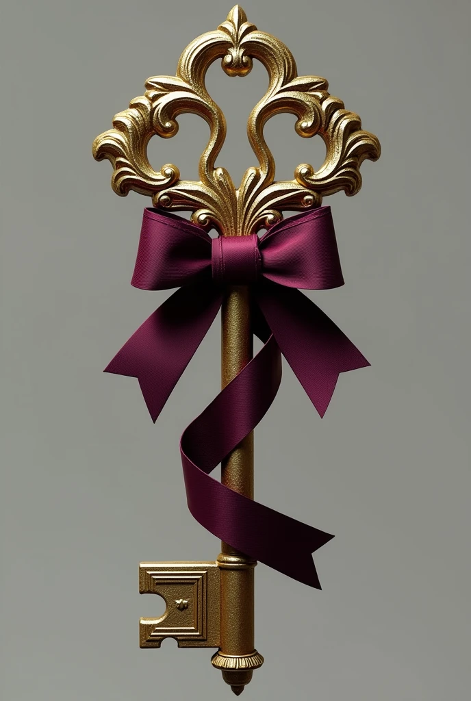 Image of a key with a bow:
 
- Image: A golden metal key, with fine details and an antique look. A dark red or purple bow wrapped around the key, creating a striking contrast.
- Color: Gold for the key, with black details to highlight the lines and wear. The bow must be of a deep, dark color., like dark red, purple or dark blue.
- Contrast: The dark bow should contrast with the gold of the key, creating a visually striking effect.