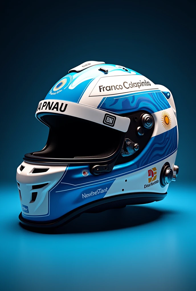 Could you generate the official helmet for the 2024 F1 season of Argentine Franco Colapinto in Williams? Add details that refer to Argentine sport. Dress from different angles. Dark blue background in gradient to light blue