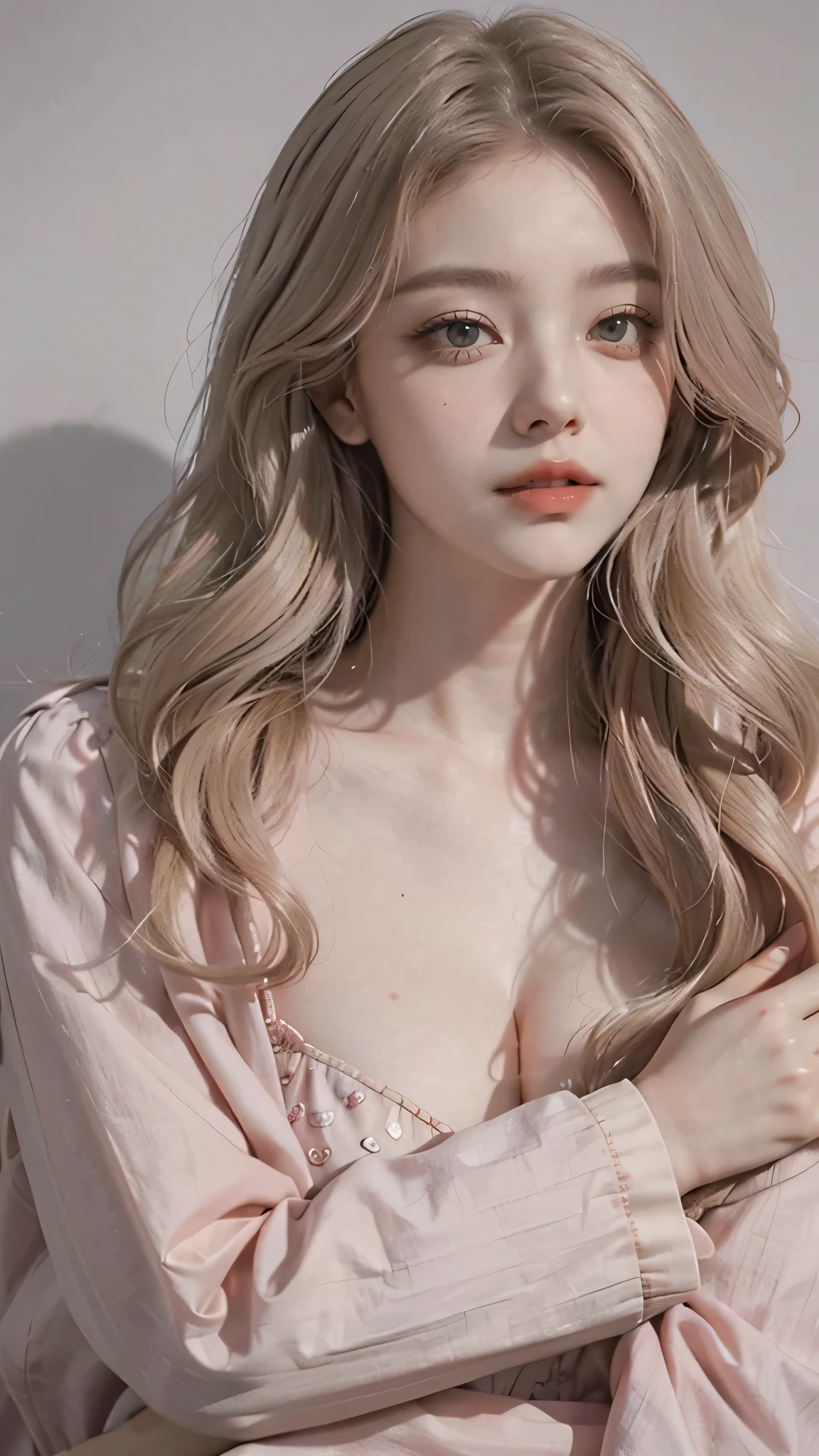Girl wearing, luxury pink coat, shoulder length hair, wavy hair, glowing skin, star in eye, red lips, grey background, cute poses , upper body, light blonde hair .