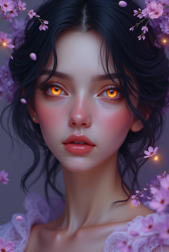 Book cover with woman with unique colors in her eyes (lila,yellow)