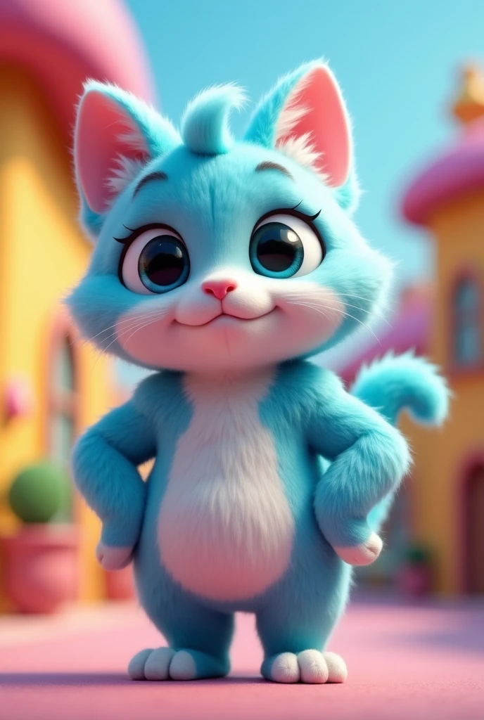 A character named Tutu meow, he wears blue kitten pajamas, light blue short hair, a cute little face , His body is exaggerated with many muscles and huge shoulders and very thin legs. In 3D and a Toon style.