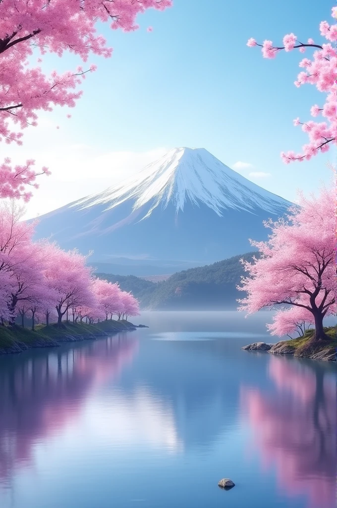 Create a detailed image of Mount Fuji during cherry blossom season. The scene should feature the snow-capped peak of Mount Fuji in the background, with vibrant pink cherry blossoms in full bloom in the foreground. A calm lake should reflect the mountain and trees, and the sky should be clear with a soft blue gradient. The overall atmosphere should be peaceful and serene, capturing the natural beauty of Japan in spring."