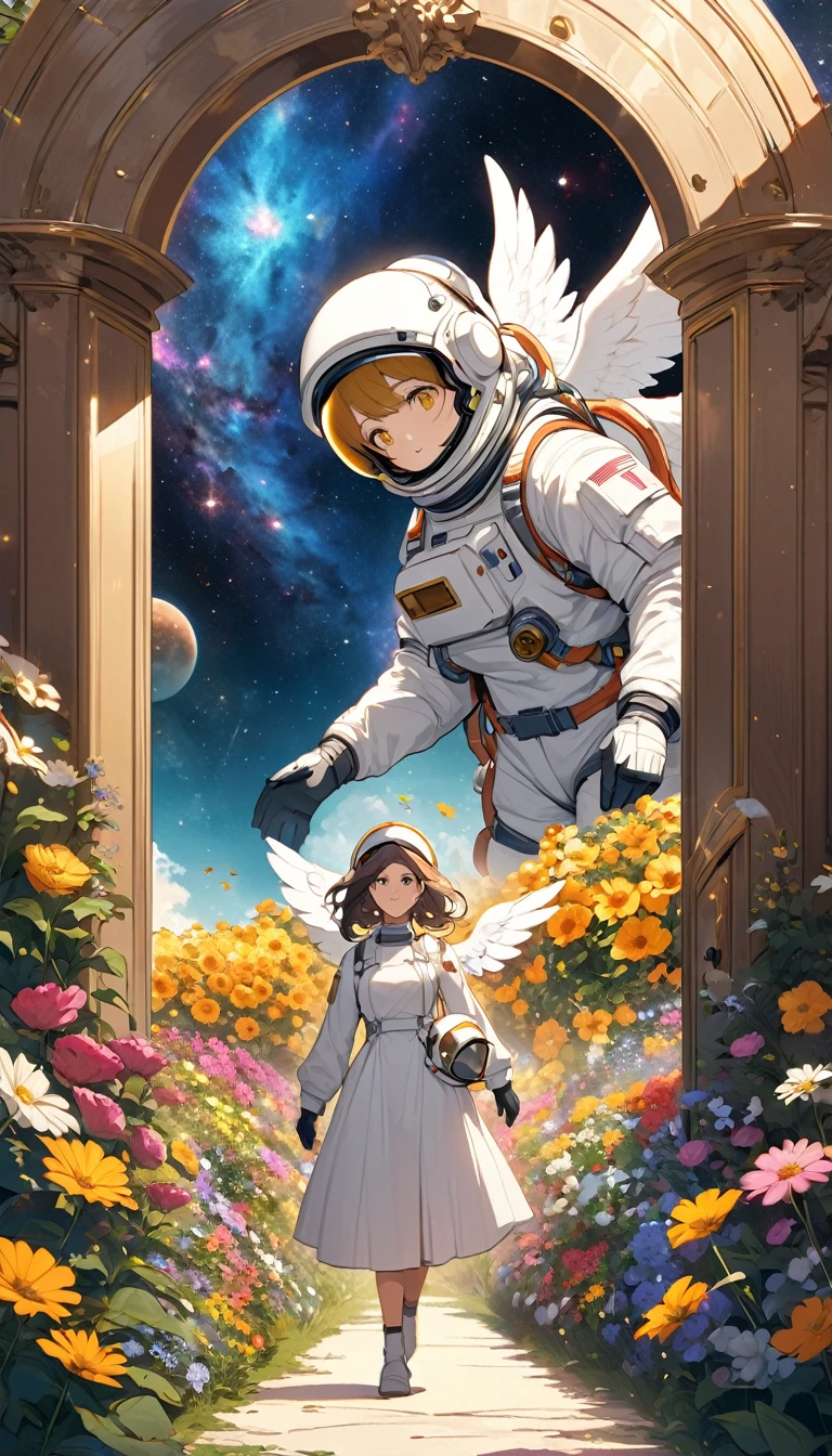 Astronaut crossing a giant door surrounded by a giant woman with a helmet and angel wings with golden eyes with a nebula in the background arriving at a flower garden 