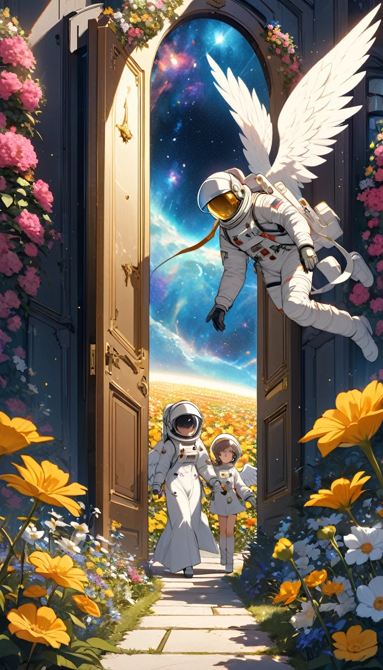 Astronaut crossing a giant door surrounded by a giant woman with a helmet and angel wings with golden eyes with a nebula in the background arriving at a flower garden