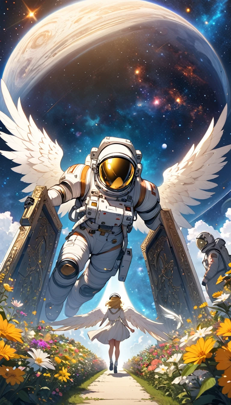 Astronaut crossing a giant door surrounded by a giant woman with a helmet and angel wings with golden eyes with a nebula in the background arriving at a flower garden
