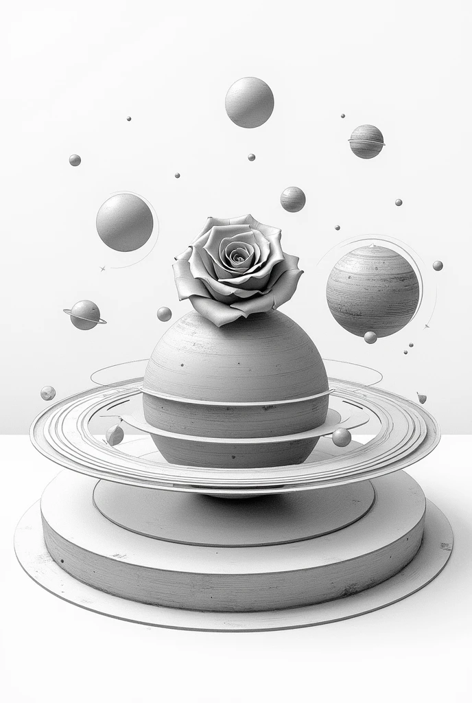 Architectural plans of a model of the solar system where the planets move, with a rose above the central planet. Draw it in pencil and in 1d