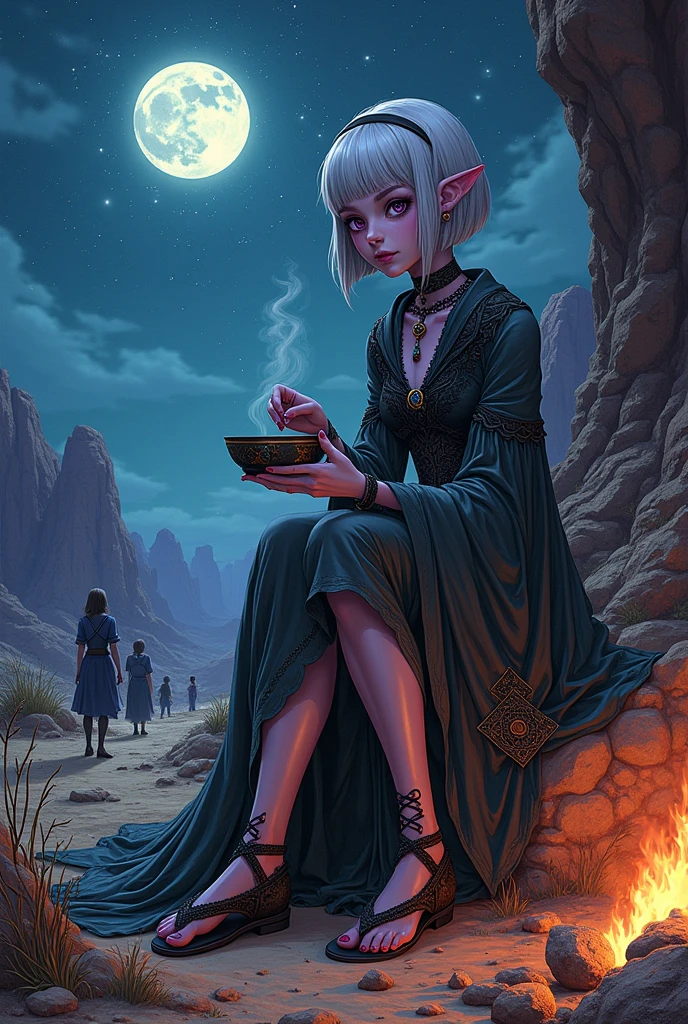 (Ultra-detailed face, looking away, Fantasy Illustration with Gothic, Ukiyo-e, Comic Art, Rich colors),
BREAK
(It is a moonlit and starlit night, an ancient temple excavation site built in a dry, rocky canyon, human researchers, elven magicians, and students helping with the excavation. The undergrowth is sparse, and a strong wind blows with occasional patches of red sand),
BREAK
(A female dark elf researcher sits on a small perch in the excavation team's camp, stirring and tasting the soup in a pot heating over an outdoor fire with a spoon in her right hand.),
BREAK
(A young-aged dark elf woman with silver color hair, blunt bangs, bob cut and dark purple color skin, lavender color eyes.),
BREAK
(The dark elf female researcher wears a cat's-eye stone hair ornament and necklace, a traditional deep gray Victorian cape dress with lace and embroidery, and laced sandals.)