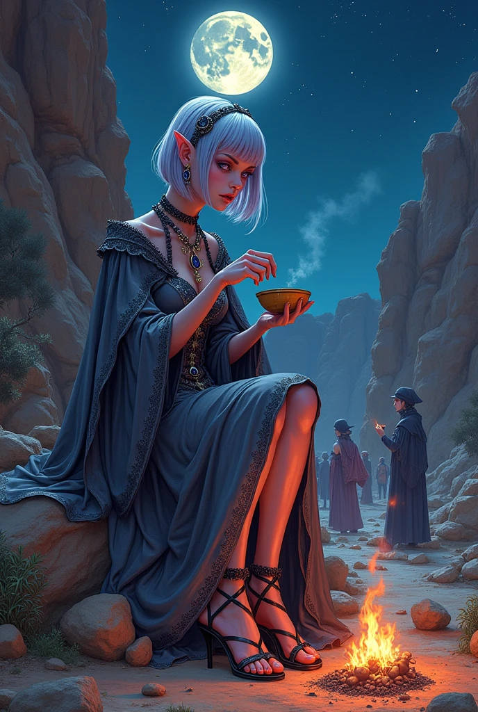 (Ultra-detailed face, looking away, Fantasy Illustration with Gothic, Ukiyo-e, Comic Art, Rich colors),
BREAK
(It is a moonlit and starlit night, an ancient temple excavation site built in a dry, rocky canyon, human researchers, elven magicians, and students helping with the excavation. The undergrowth is sparse, and a strong wind blows with occasional patches of red sand),
BREAK
(A female dark elf researcher sits on a small perch in the excavation team's camp, stirring and tasting the soup in a pot heating over an outdoor fire with a spoon in her right hand.),
BREAK
(A young-aged dark elf woman with silver color hair, blunt bangs, bob cut and dark purple color skin, lavender color eyes.),
BREAK
(The dark elf female researcher wears a cat's-eye stone hair ornament and necklace, a traditional deep gray Victorian cape dress with lace and embroidery, and laced sandals.)