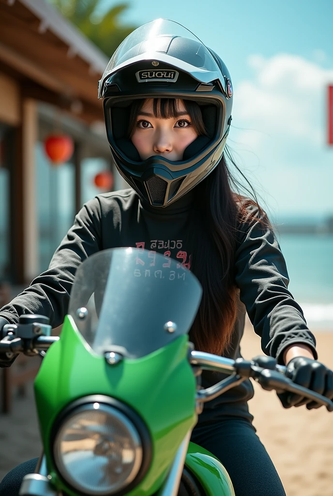 realistic, cinematic scene, very beautiful Japanese high school girl, about to Ride on a off-road motorcycle, in front of a trendy seaside cafe, dramatic scene, masterpiece, (face focus:1.3), clear helmet visor, beautiful eyes, Kawasaki off-road bike, Shoei off-road helmet with goggle, (wearing off-road rider's outfits)