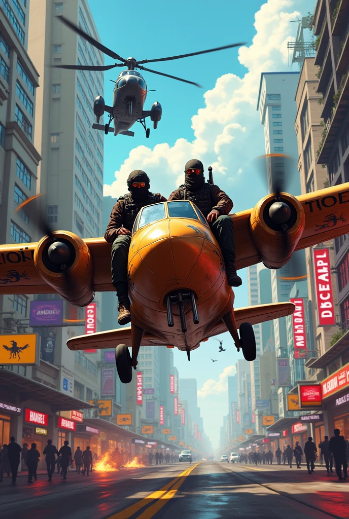 game cover, Faction, BANDITS IN AN African twin, in Brazil , helicopter escape, gta style, No realism,
