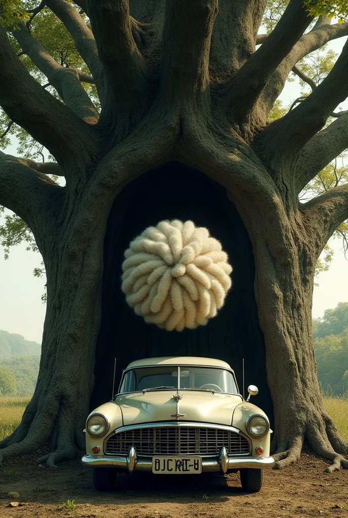 In the car of the tree I saw a ball of wool hanging