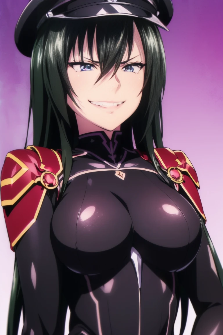 beautiful, masterpiece, ultra detailed, extremely detailed cg, ultra high res, 8k, beautiful detailed face, anime screencap, heart shaped face woman, (black hair:1.2), long hair, hair between eyes, large breasts, fearless face, sharp face, slant eyes, cat eyes, 170cm tall, adult, perfect proportion, (((black high-leg leotard))), (((dare shoulder))), cleavage, (((thigh boots))), choker, (((military cap))), anime style, ultra detailed beautiful face and eyes, front view, raw phot, incredibly absurdres, Beautiful portrait of cute anime girls, super fine illustration, full-hd, hdr, best aesthetic, distinct, exquisite, masterwork, by famous artist, highers, (((perfect anatomy))), mocking, (((rape face))), (((evil grin))), intense eyes, sadistic, gleaming skin, oil skin, slut face, full-face blush, smirking, mischievous grin, furrowed mouth, both legs, pouty lips, downturned corners, rosy hue, grin widely, cheeky smirk, (((bad-tempered glare))), gloating, crazy smile, scary face, cruel smile, fang, connected teeth,, (((elbow gloves))), (((big connected teeth)), glare, grimace, smirk, (((scowling face))), smile broadly, symmetrical eyes, even eyes, perfect eyes, (((squinting eyes))), deep detailed eyes, shiny clothes, 1girl, solo, smug, smile grimly, (((dimpled smile))), pink eyes, (((upper body shot and standing))), (((laugh))), (((pleasure face))), (((brutality face))), (((scary face))), (((fang))), super detailed skin, official art, production art, top quality, high quality, amazing quality, finely quality, fantastic, professional quality, finely detailed, highly detailed, 