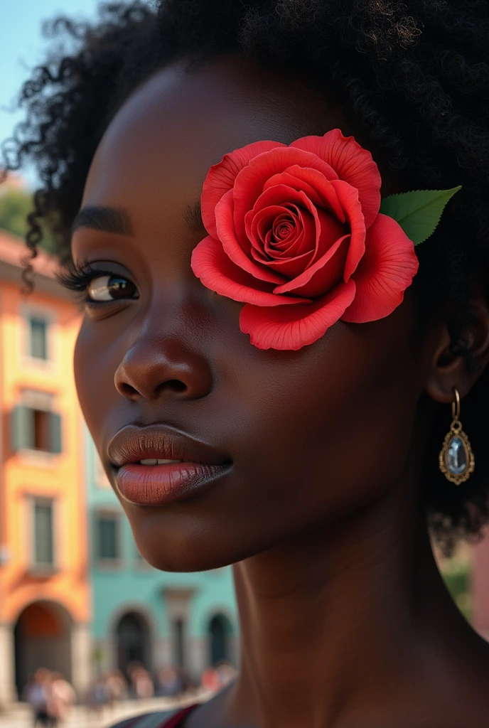 black female, retrato close UP, with rose covering one eye, historic center in the background, colorful houses 
