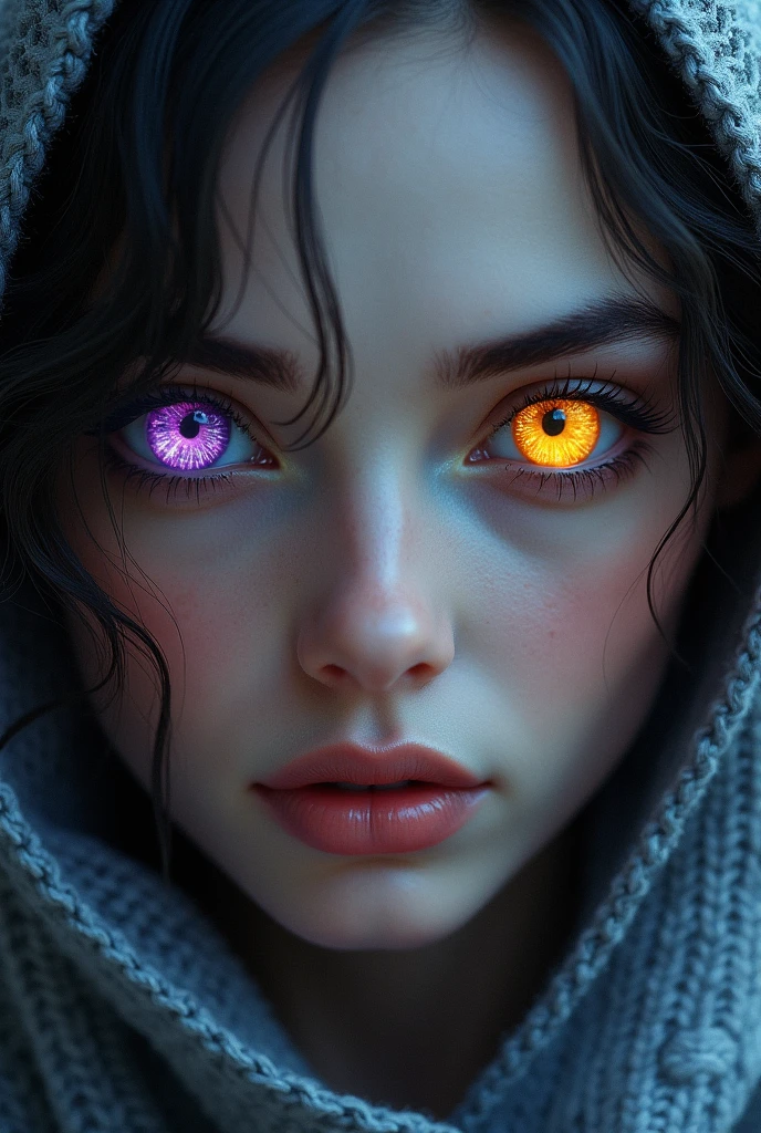 Book cover with woman with unique colors in her eyes (violet,yellow)